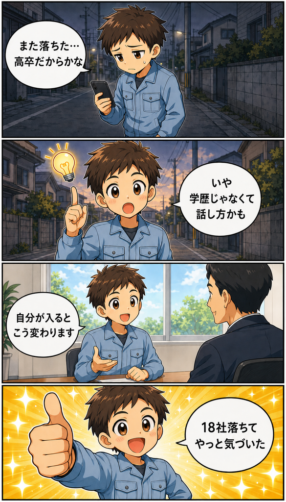 工場の面接で落ちる理由と、通った2社で話したことを説明する4コマ漫画
