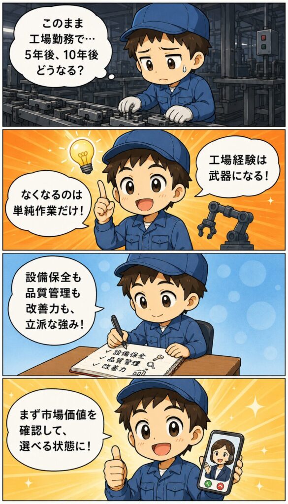 工場勤務の将来性に不安を感じた20代男性が、AIで消えるのは単純作業だけと気づき、経験を強みに市場価値を確認して前向きになる4コマ漫画