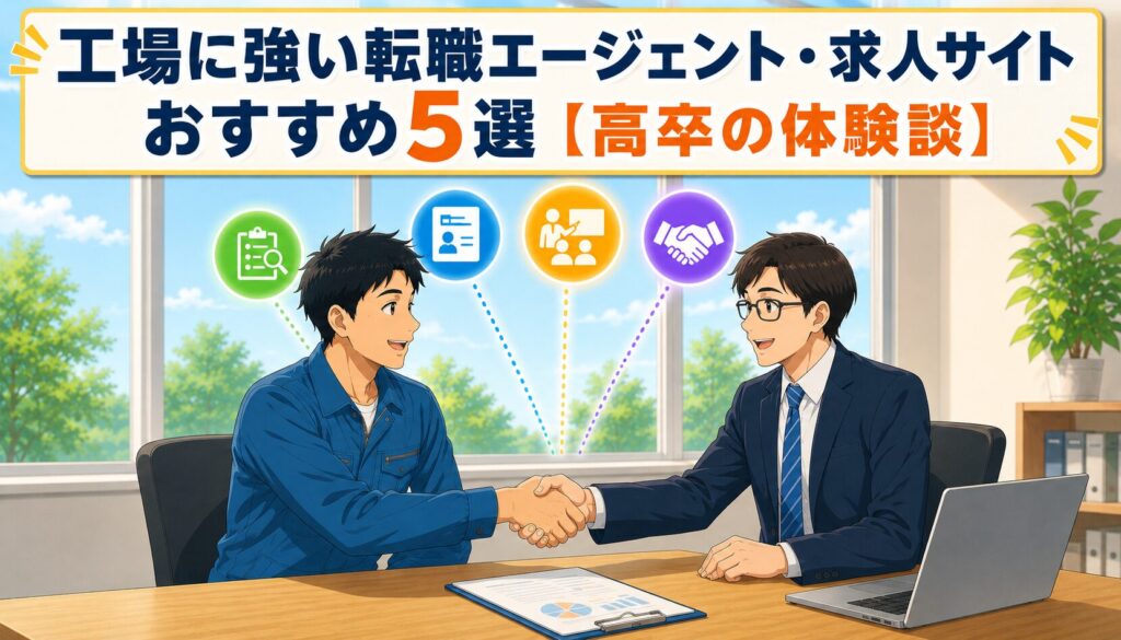 キャリアアドバイザーと握手する工場勤務の男性と5つのサービス比較のイラスト