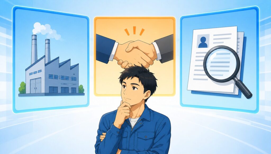3つの選択基準パネルを比較検討する作業服の男性のイラスト