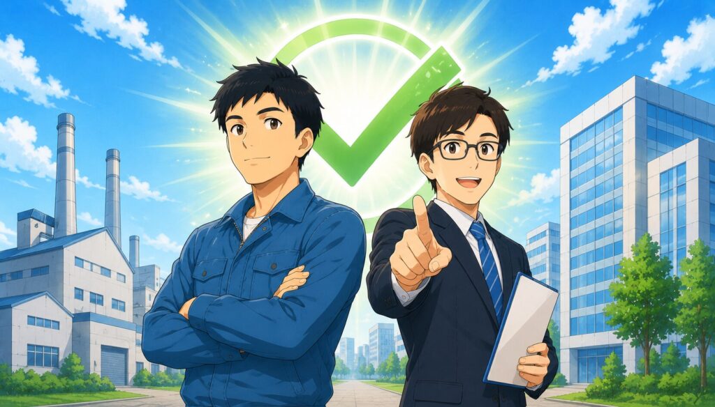 大きなチェックマークを背に立つ工場勤務の男性とサポートするアドバイザーのイラスト