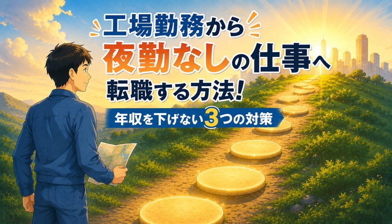 夜の工場から昼の職場へ歩いて移る工場勤務の男性のイラスト