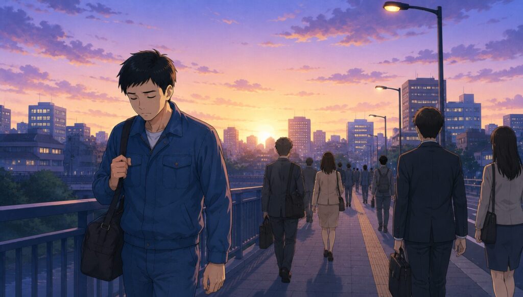 夜勤明けの朝に帰宅する疲れた男性のイラスト