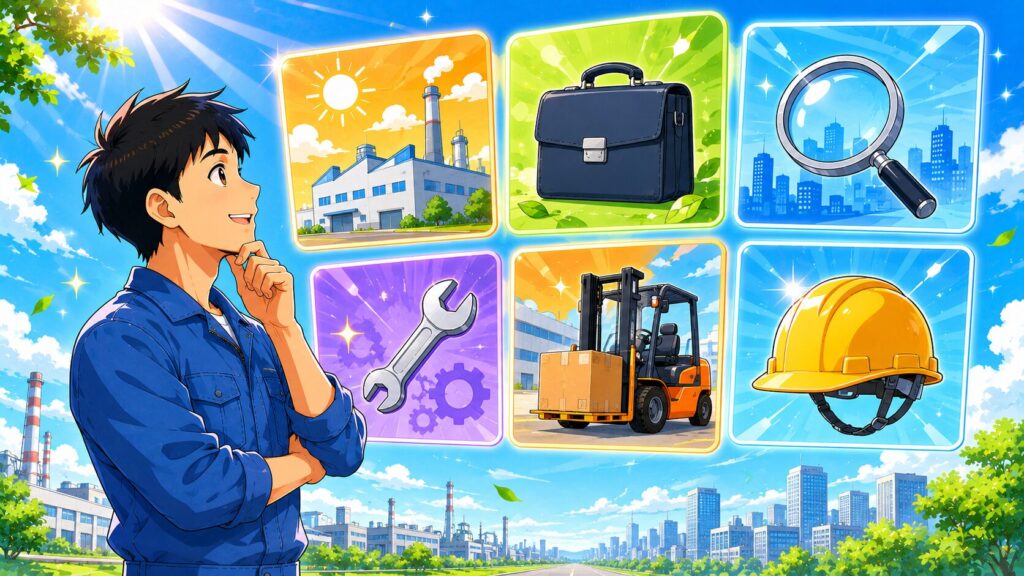6つの日勤職種のパネルを見比べる作業服の男性のイラスト