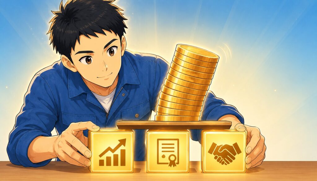 3つのブロックでコインの山を支える男性のイラスト