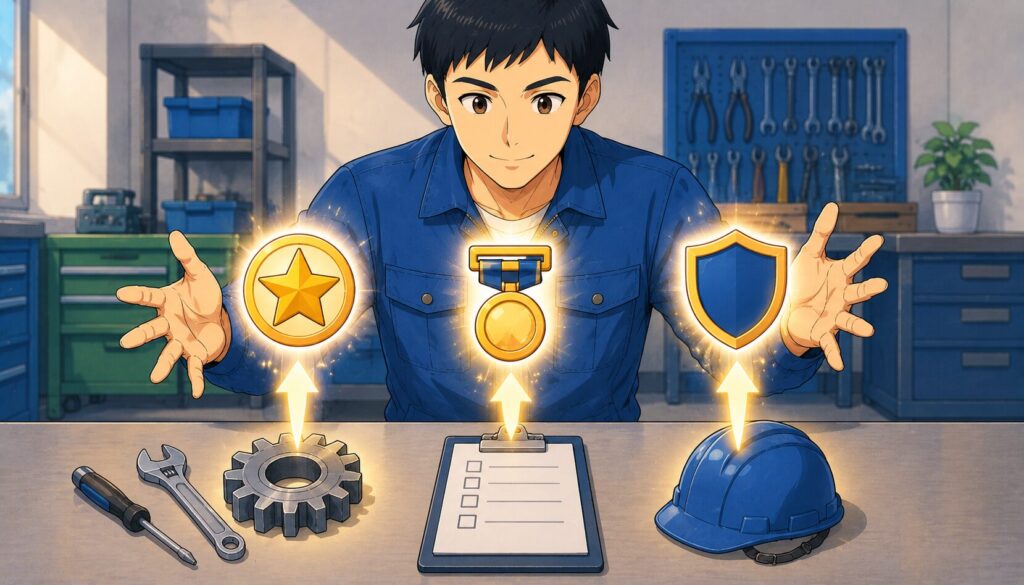 工場の道具がスキルバッジに変わるイラスト