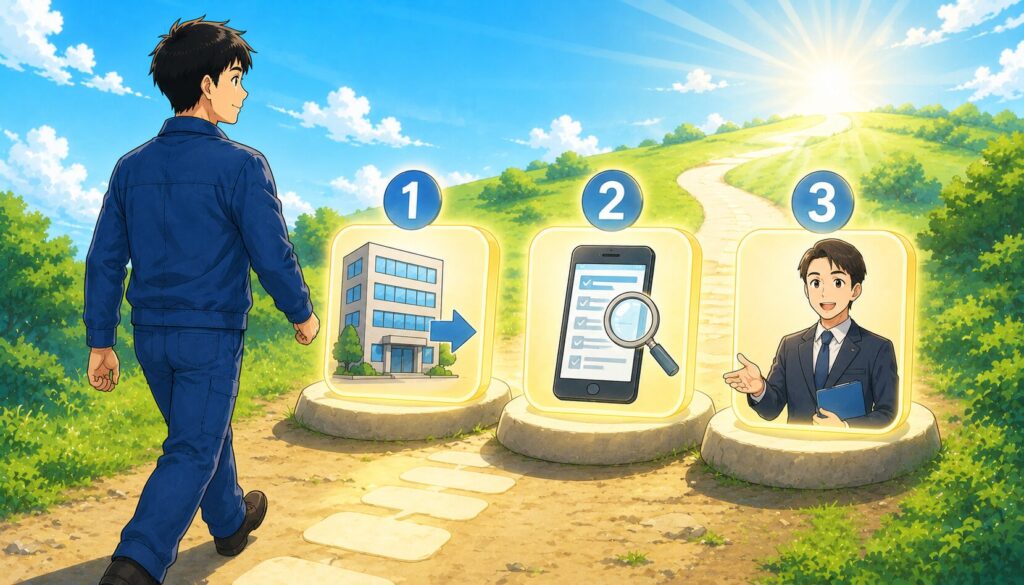 3つの番号付きステップを進む男性のイラスト
