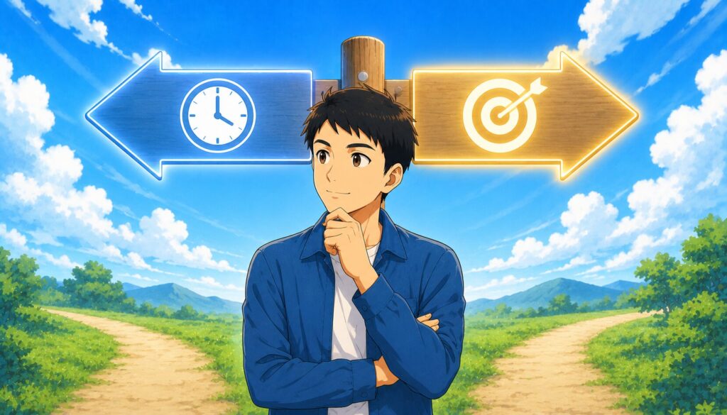 年齢と目的の2つの矢印の標識の前に立つ男性のイラスト