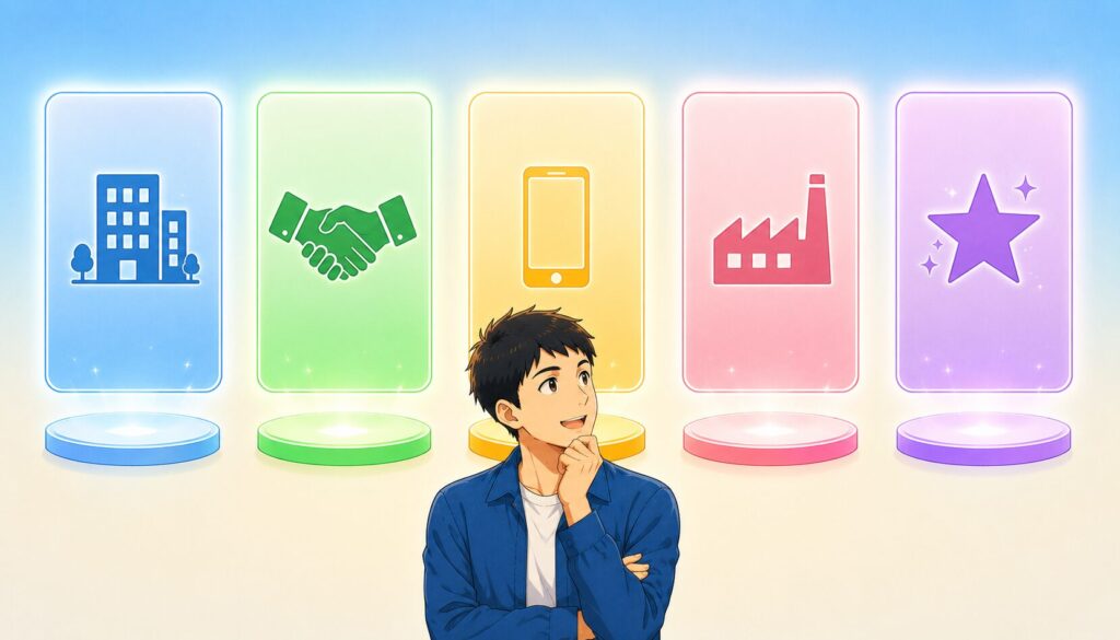5つの転職サービスのカードを見比べる男性のイラスト