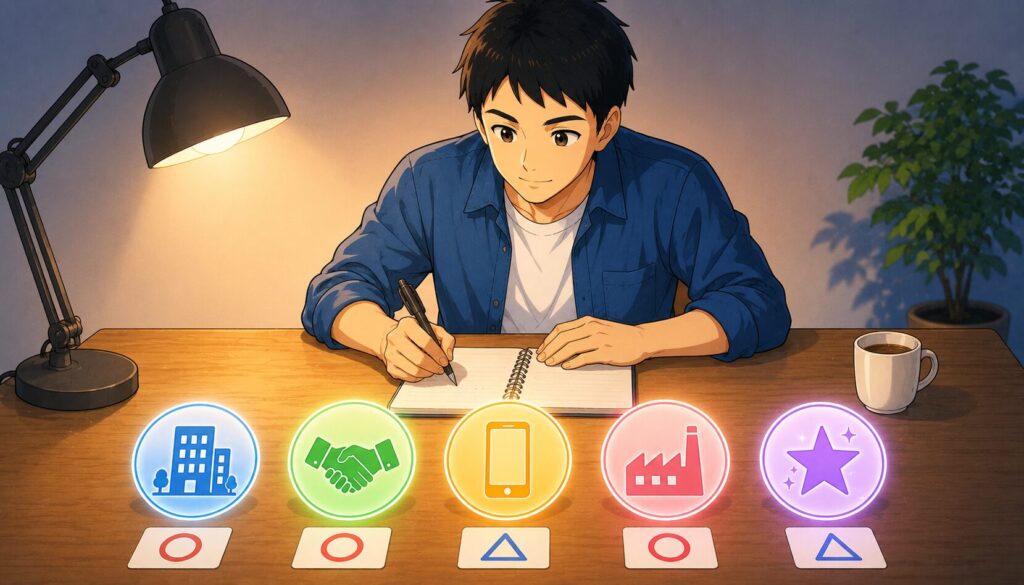 ノートに本音のレビューを書きながら5社を評価する男性のイラスト