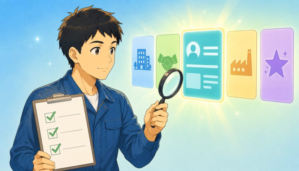 工場の外で電話をかける作業服の男性とスーツ姿になった未来の対比イラスト