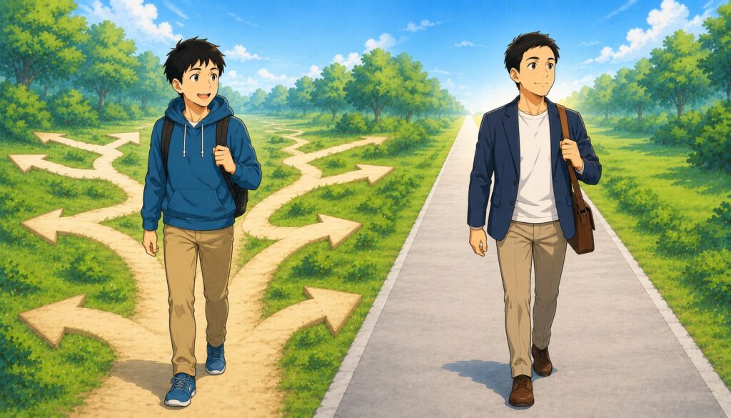 年代別の2つの道を歩く2人の男性のイラスト