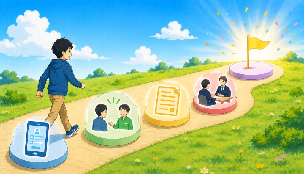 登録から内定まで5つのステップを進む男性のイラスト