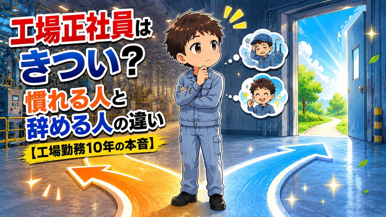 工場で続けるか辞めるか分かれ道に立つ作業員のイラスト