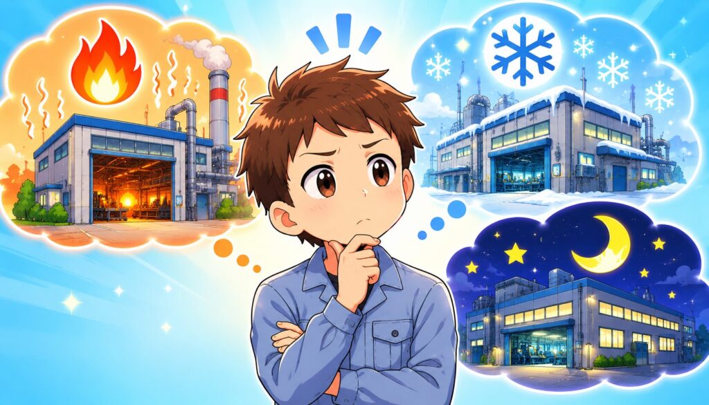 暑さ・寒さ・夜勤の3タイプの工場を比較するイラスト