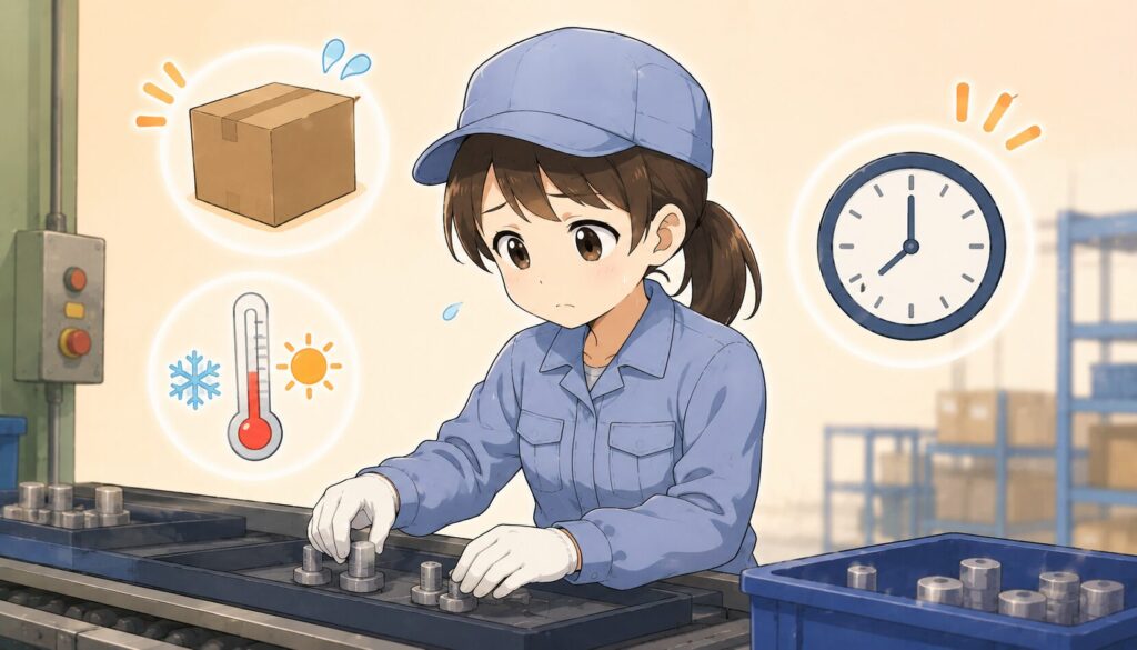 工場勤務で女性が感じやすい負担のイラスト