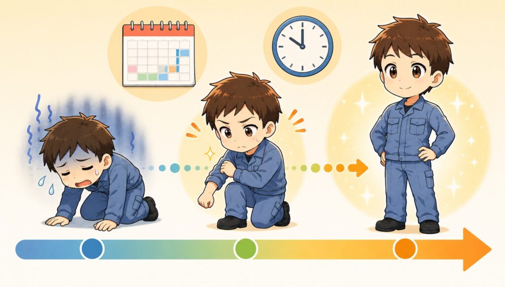 時間とともに慣れていく3段階のイラスト