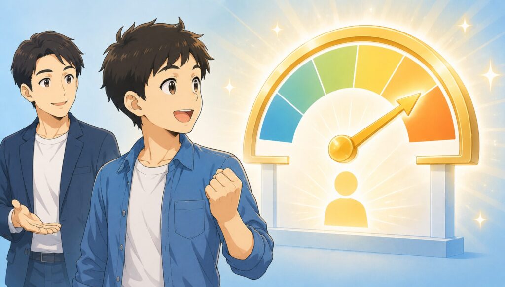 自分の市場価値を確認する男性とアドバイザーのイラスト