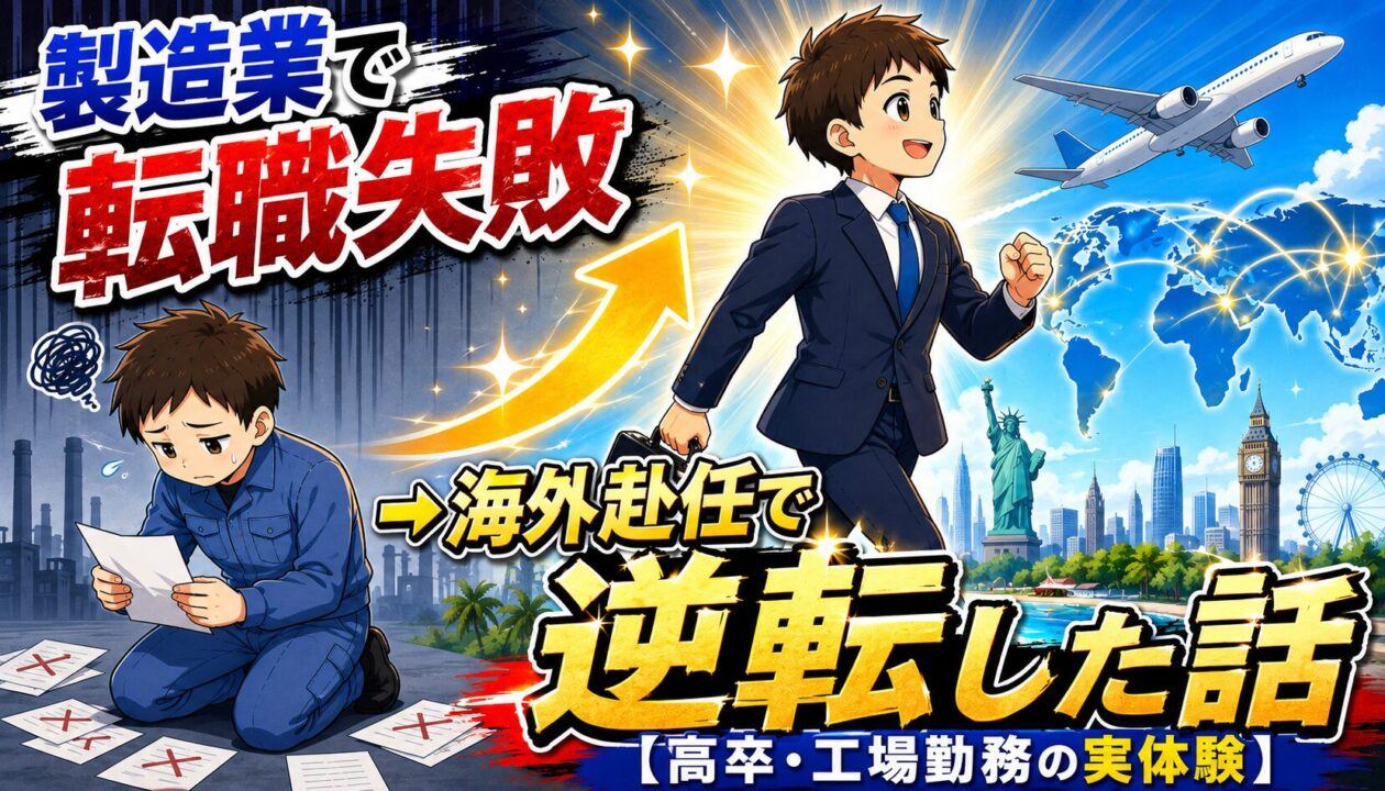 製造業の転職失敗から海外赴任で逆転する男性のイラスト