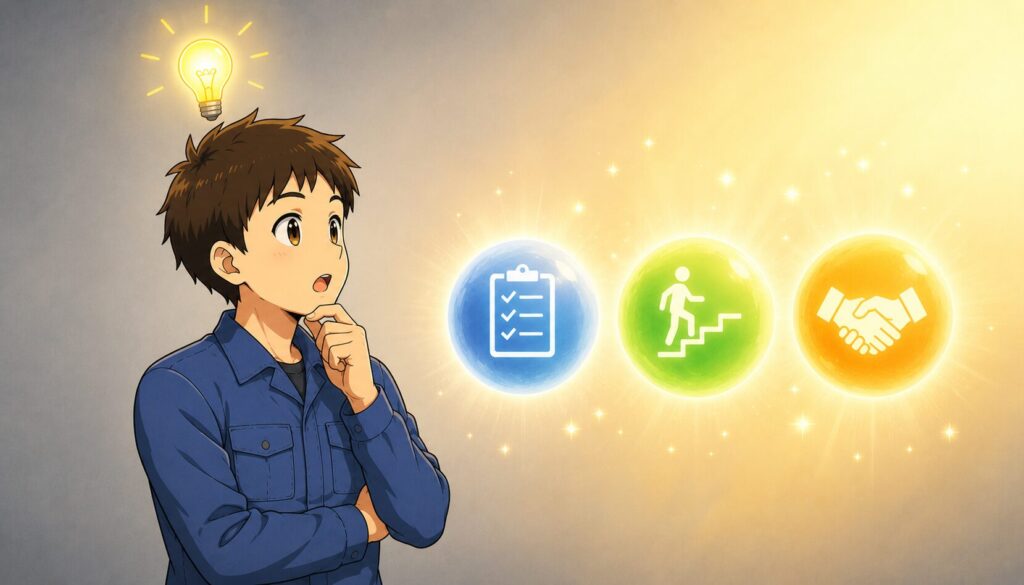 気づきを得て3つの行動に向かう男性のイラスト