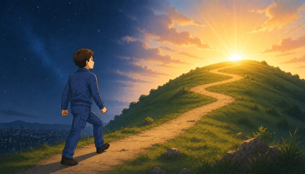 夜明けの坂道で一歩を踏み出す男性のイラスト
