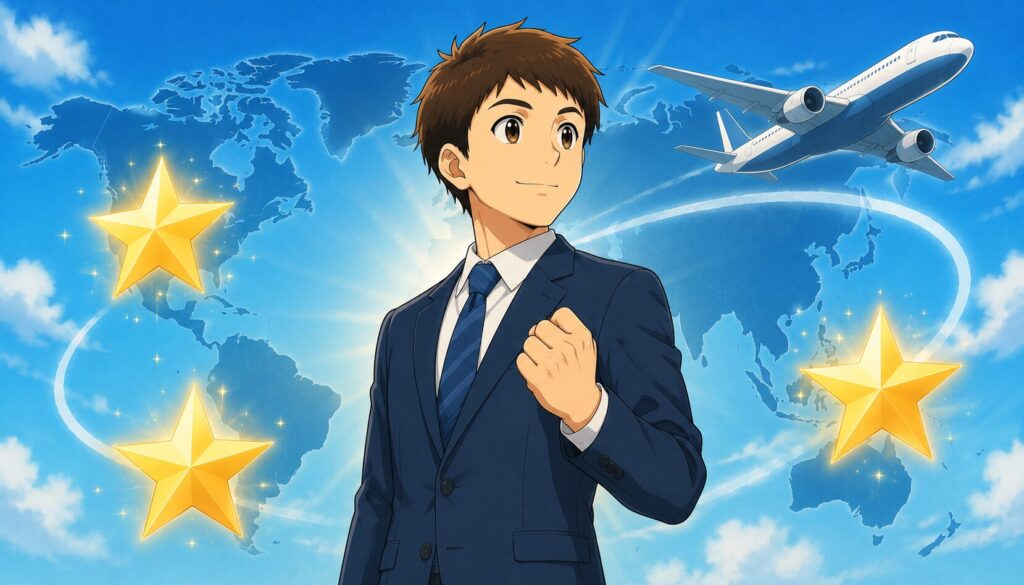 世界地図と飛行機を背に立つビジネスマンのイラスト