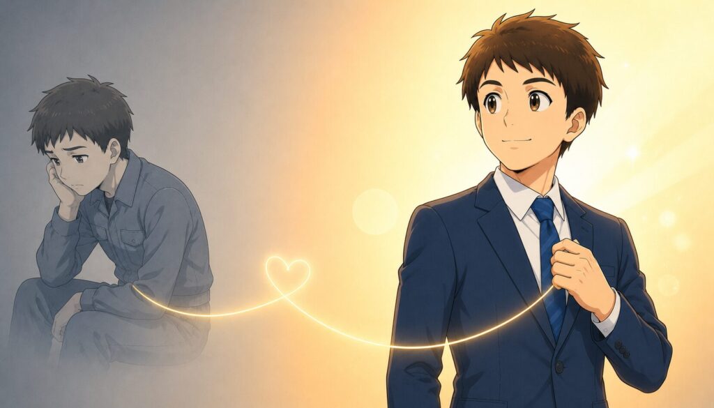 過去の自分を振り返り感謝する男性のイラスト