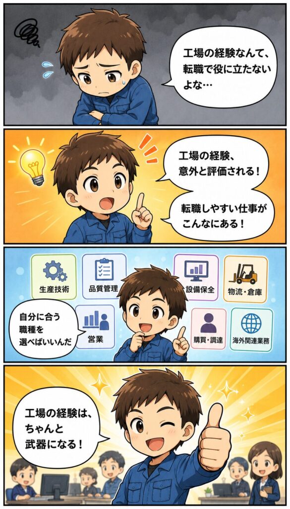 工場勤務の経験が転職で評価され転職しやすい仕事を選ぶまでを描いた4コマ漫画