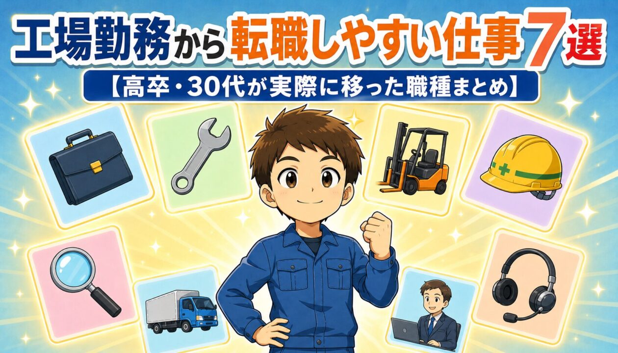 7つの転職先の職種カードを手に持つ工場勤務の男性のイラスト