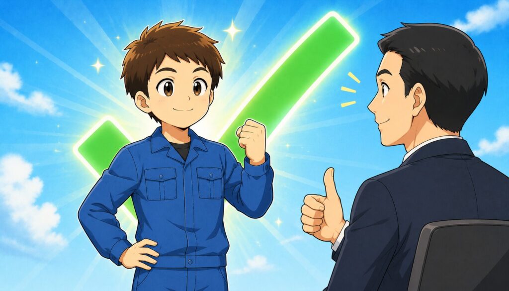 工場経験が評価され採用担当者がうなずくイラスト