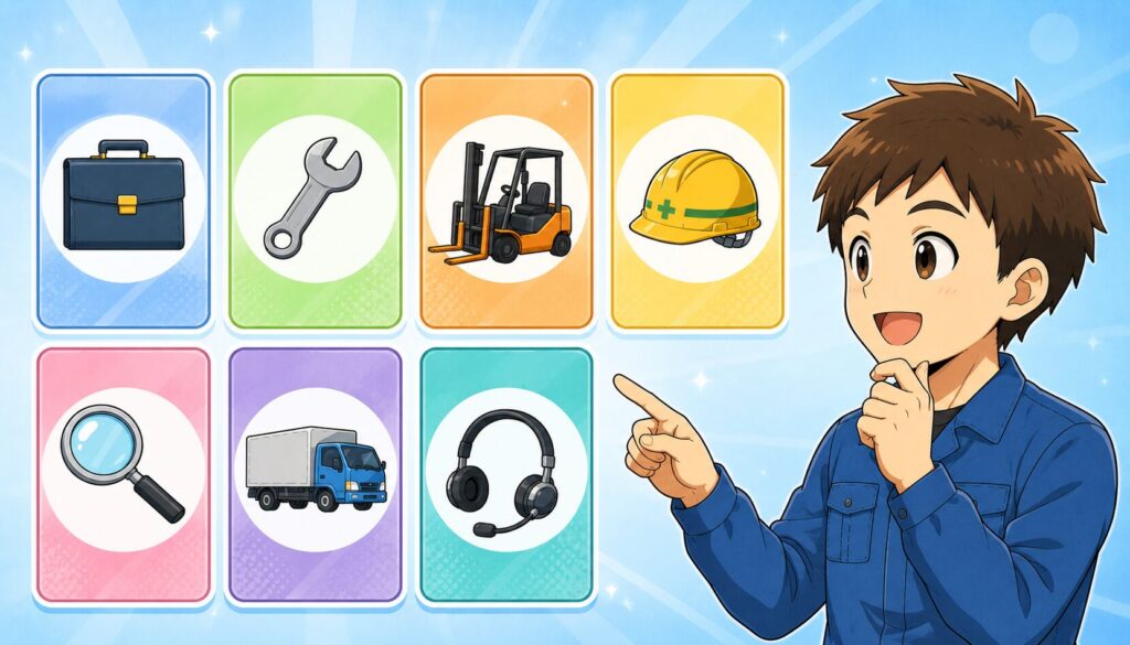 工場から転職しやすい7つの仕事を比較するイラスト