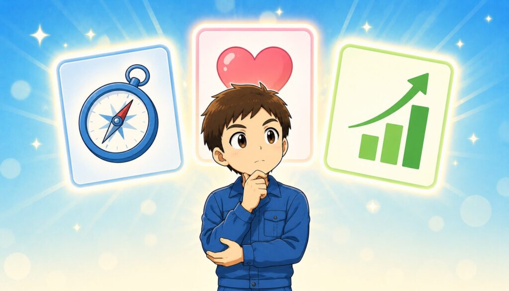 方向・適性・成長の3つの基準で職種を選ぶ男性のイラスト