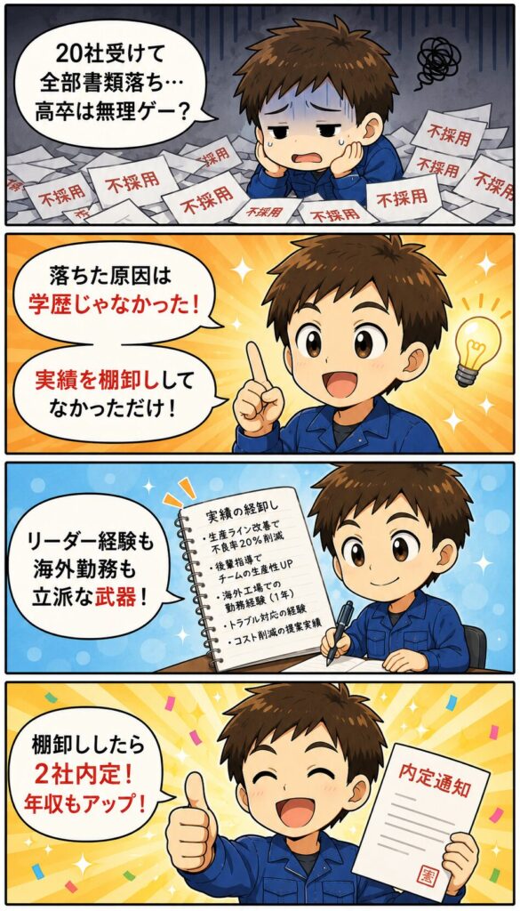 高卒で20社全落ちから実績の棚卸しで2社内定するまでを描いた4コマ漫画