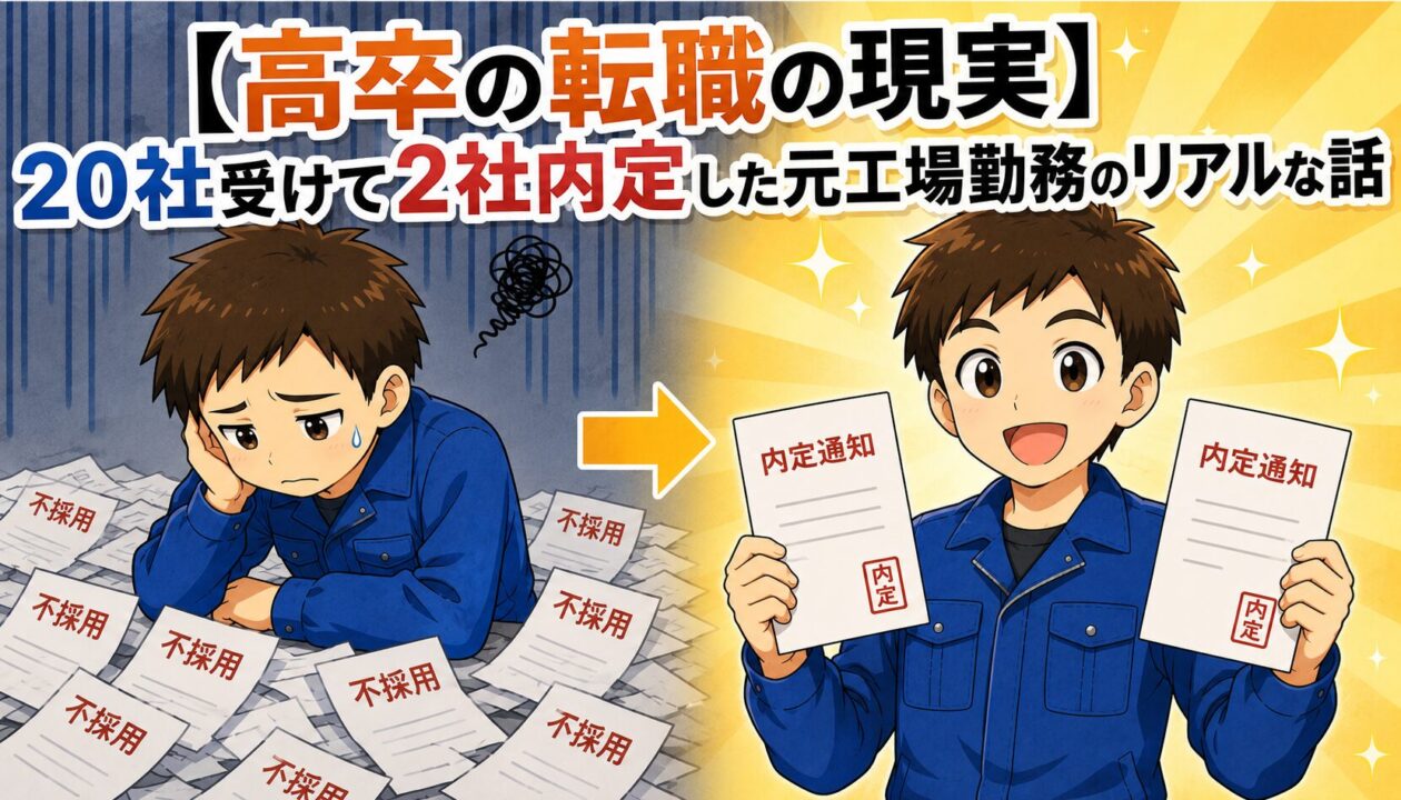 高卒で全落ちから2社内定へ逆転する男性のイラスト