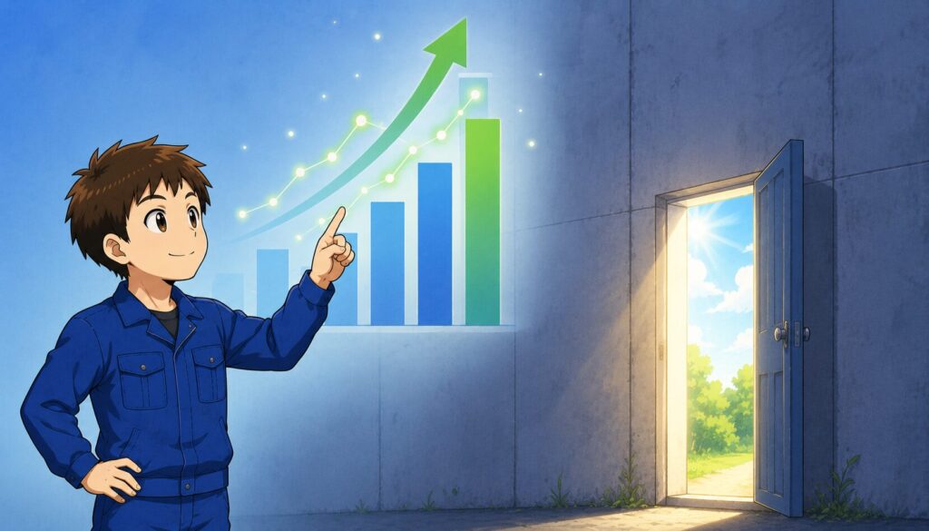 上昇するデータと開く扉を示す男性のイラスト