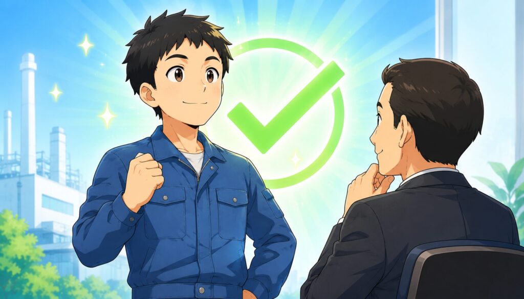 期間工経験を評価され採用担当者が興味を示すイラスト