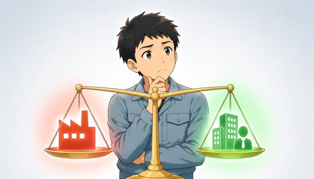 不利になるケースと評価されるケースを天秤で比較するイラスト