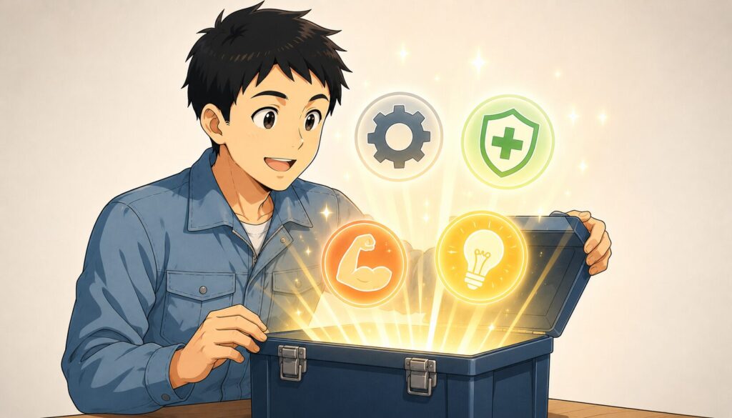 期間工の経験がスキルバッジに変わるイラスト