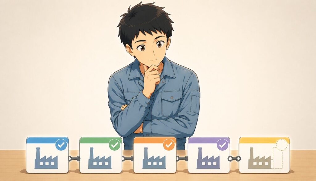 契約履歴の時系列を見直す男性のイラスト