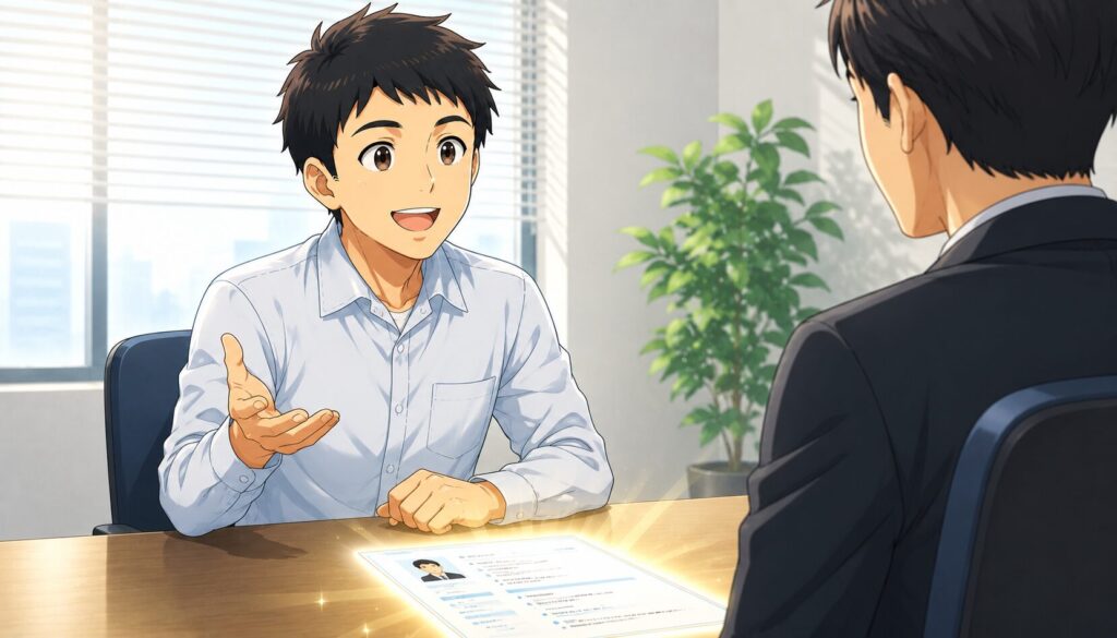 面接で自信を持って話す男性のイラスト