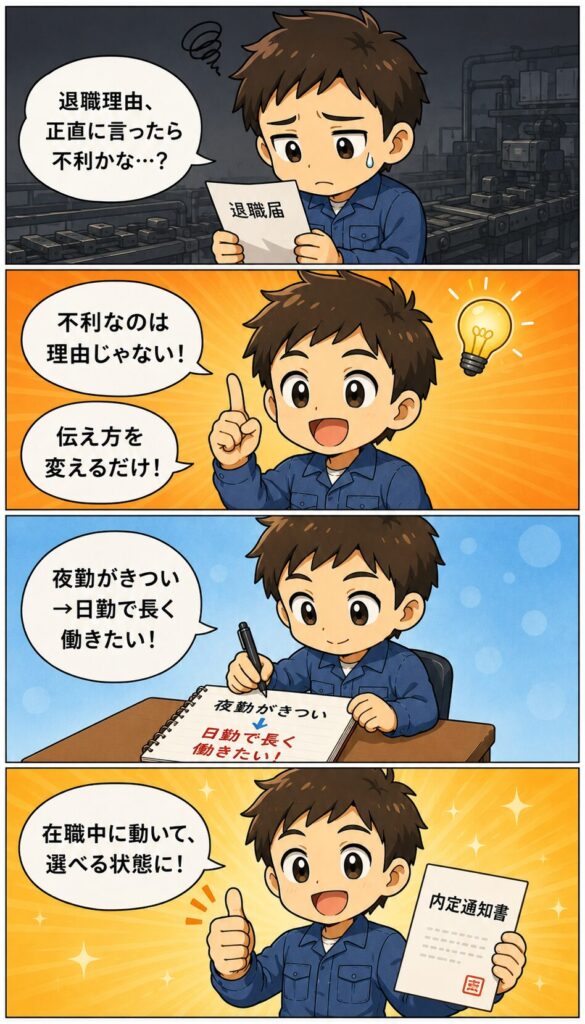 製造業の退職理由を正直に言うと不利かと悩む20代男性が、理由ではなく伝え方が大事と気づき、本音を前向きに言い換えて在職中に転職を成功させる4コマ漫画