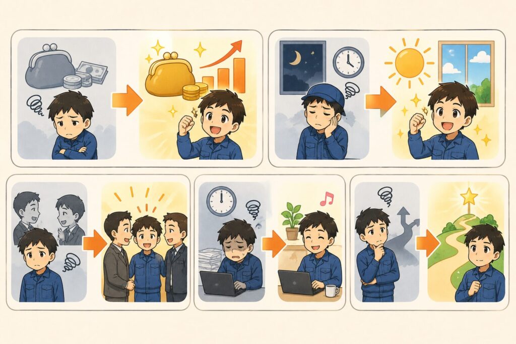 給料・夜勤・人間関係などケース別の退職理由の例文を表すイメージ