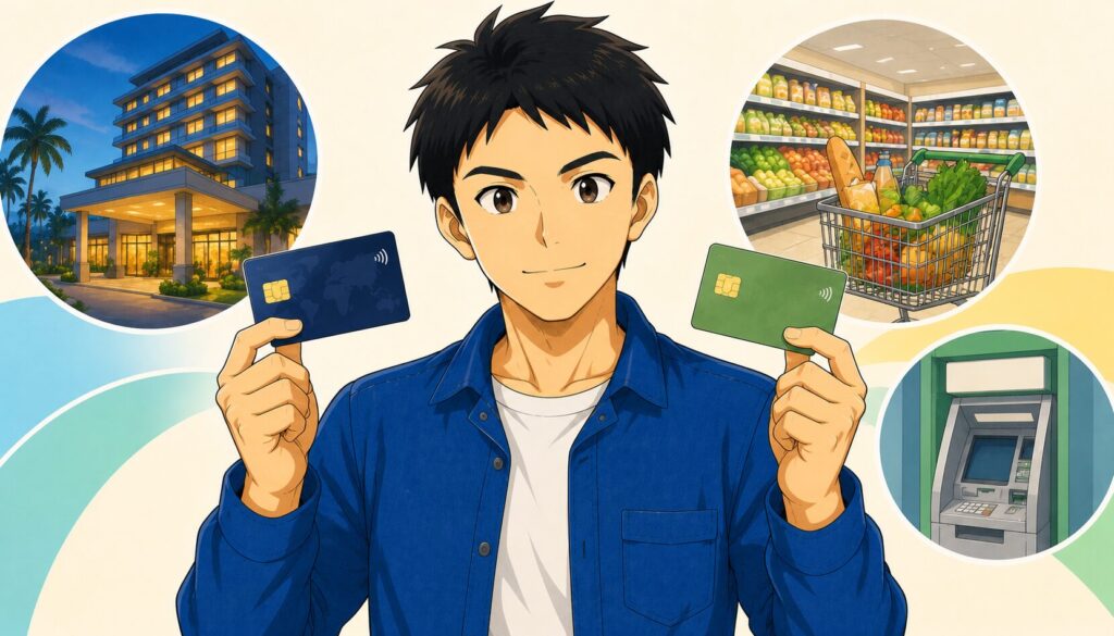 クレカとWiseカードをシーン別に使い分けるイメージ