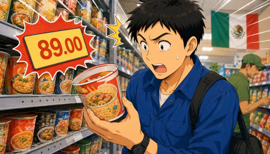 メキシコで日本のカップラーメンの高額な値段に驚く駐在員のイメージ