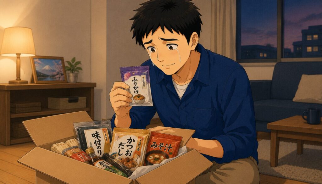 家族から届いた荷物のふりかけで胸が詰まる駐在員のイメージ