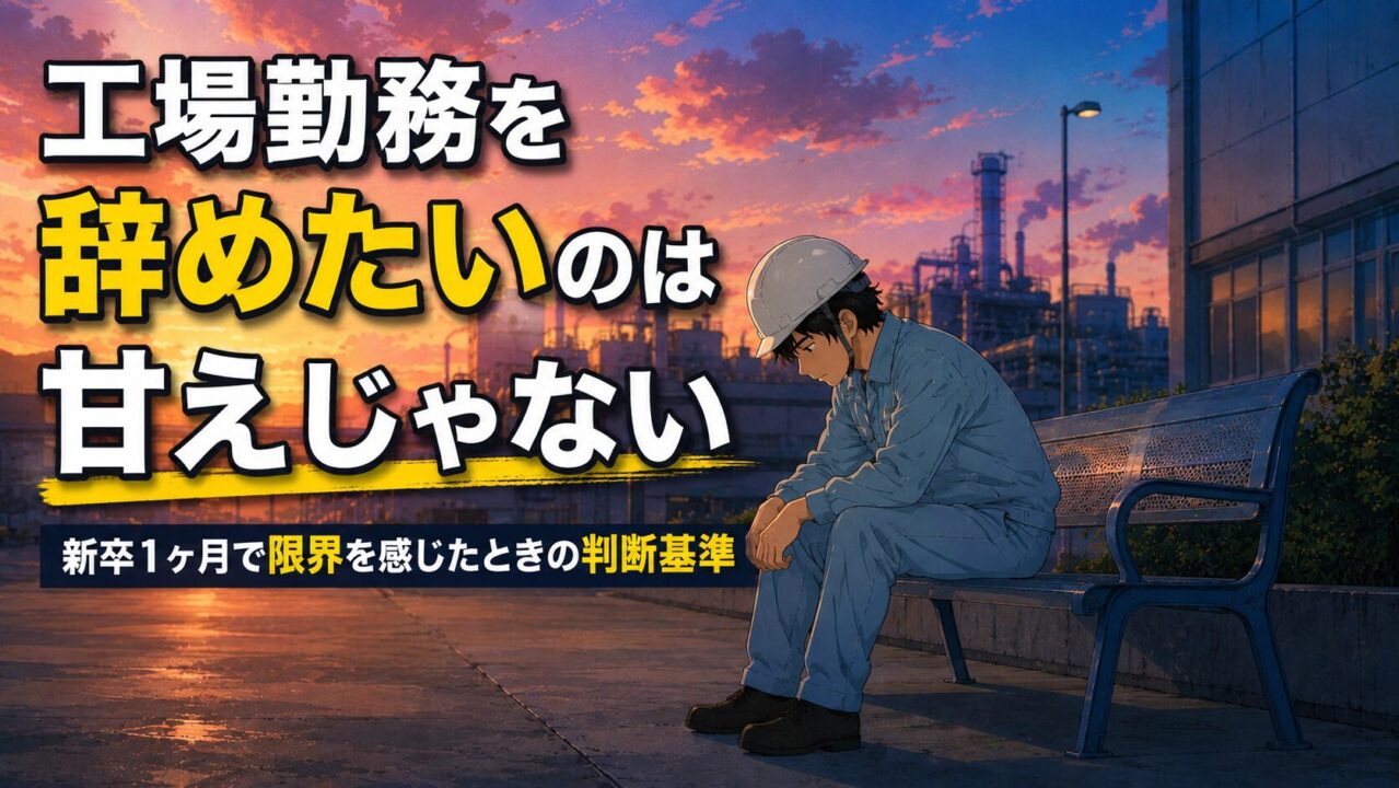 工場勤務を辞めたい新卒が夜明けの工場前で疲れ果てて座っているイメージ