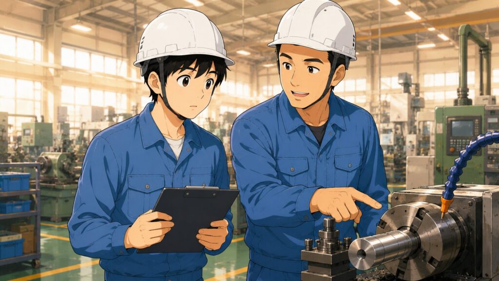 新卒工場員が先輩から作業を教わっているイメージ