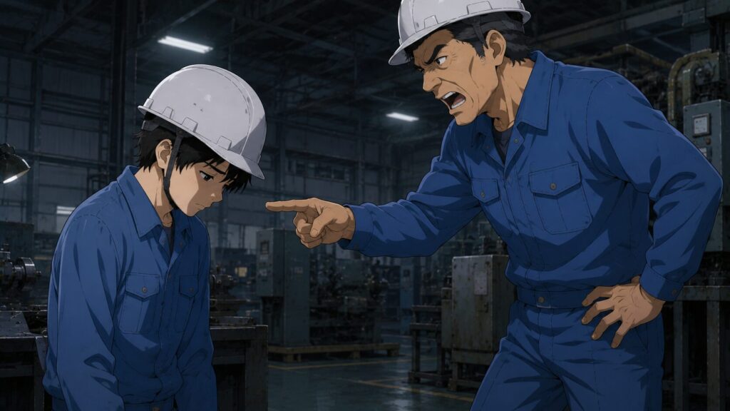 先輩に怒鳴られて委縮する新入工場社員のイメージ