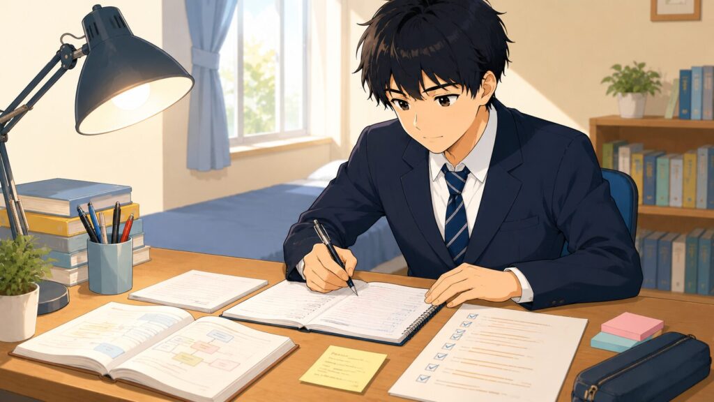 高卒就職の面接に向けて質問一覧を整理して準備する高校生のイメージ