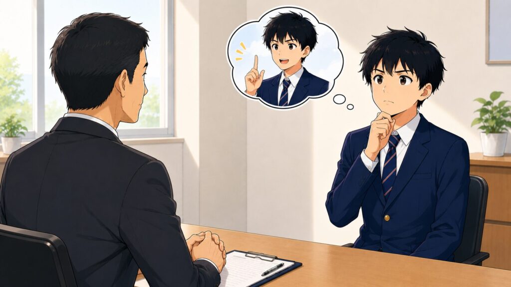 高卒就職の面接で答えにくい質問に一瞬考えながら対応する高校生のイメージ